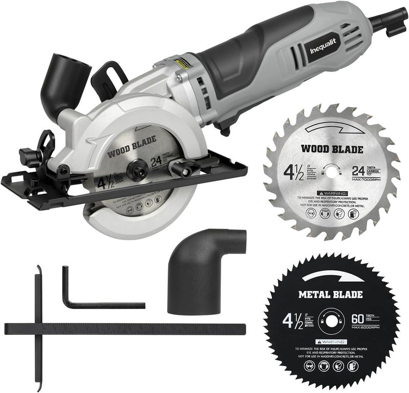 Inequalit 710W Mini Circular Saw, 5200RPM 6Amp Corded Compact Saw with 4-1/2" 24T TCT & 60T HSS Blade, Parallel Guide Ruler, Allen Wrench, Vacuum Adapter, Max Cutting Depth 1-2/3"(90°) 1''(45°) - Image 1
